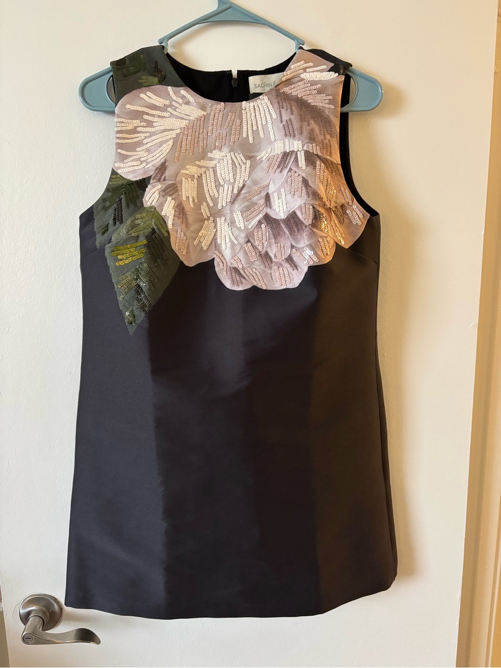 Sachin + Babi Black Mini Dress with Pink Sequin Floral Appliqué